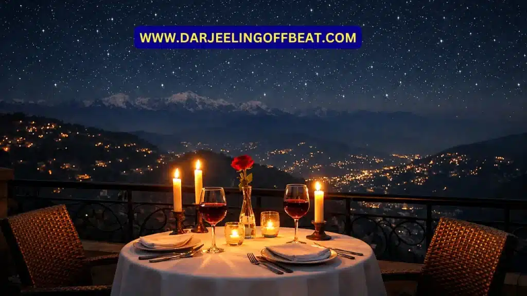rooftop candlelight dinner setup at a Darjeeling hill restaurant in February